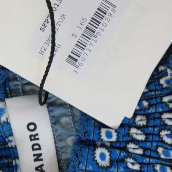 Sandro size 0 Molitor Smocked Top Blue Printed Half Sleeve Mock Neck NEW - Picture 6 of 6